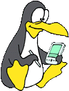 Tux, the Linux penguin, holding a Palm handheld and a stylus.
