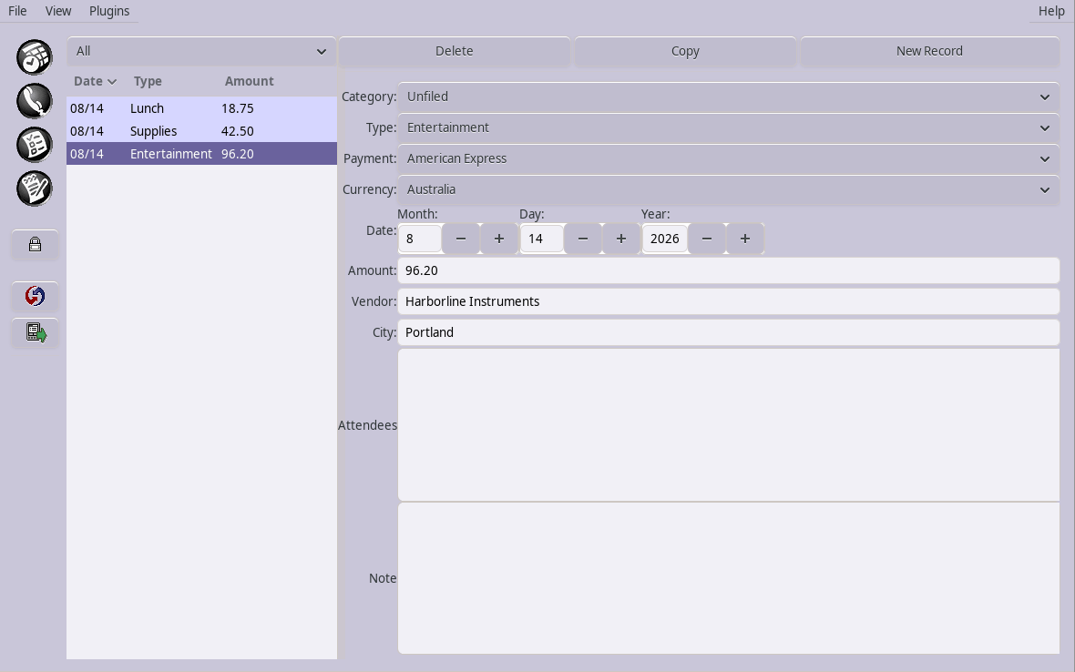The Expense plugin: expense entries by date, type and amount, with the vendor and payment details of one entry.
