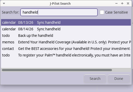 J-Pilot's search dialog: a search for “handheld” listing matches found in the calendar, to-do, memo and contact databases.
