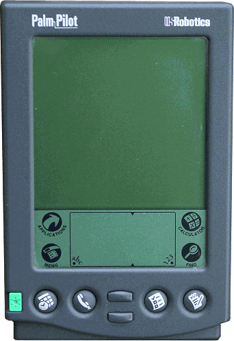A PalmPilot 5000 handheld, its screen showing a day's appointments and a to-do list of the kind J-Pilot syncs.